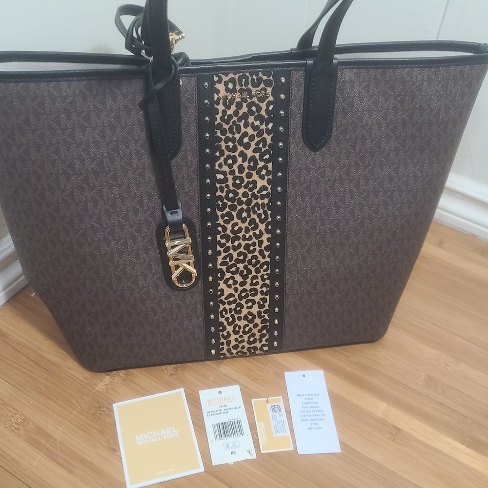 MICHAEL KORS Eliza Large East West Open Tote Purse Handbag, Brown, New - Picture 8 of 16